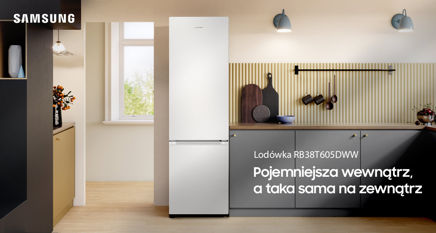 Na zdjęciu przedstawiona jest jasna kuchnia, w której znajduje się lodówka Samsung RB38T605DWW dostępna w sklepie Neonet