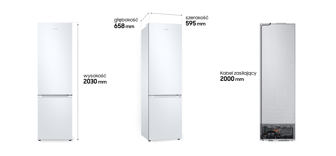 Wymiary lodówki Samsung RB38T605DWW przedstawione na rysunku technicznym
