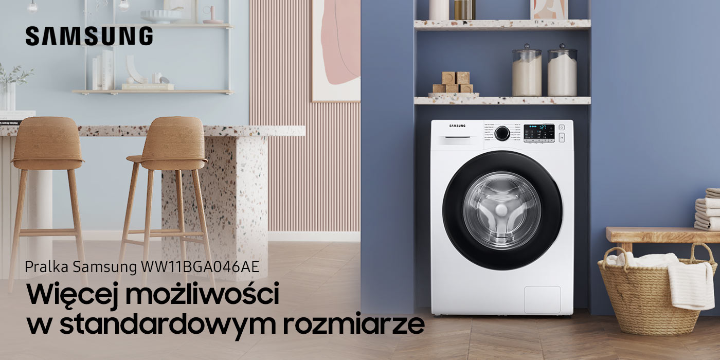 Pralka Samsung WW11BGA046AE/EO dostępna w sklepach Neonet jest prezentowana w minimalistycznie umeblowanym nowoczesnym kuchennym wnętrzu