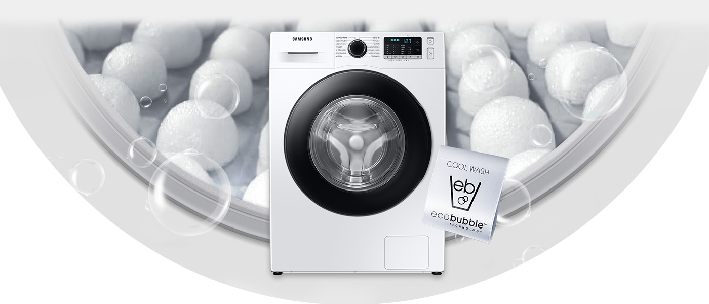 Zdjęcie ilustruje technologię Eco Bubble, umożliwiającą usuwanie plam nawet w niskich temperaturach za pomocą aktywnej piany, obniżając w ten sposób zużycie detergentu i energii