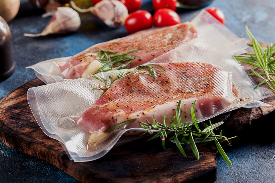 Zdjęcie mięsa przygotowanego do gotowania próżniowego ilustruje funkcję Air Sous Vide