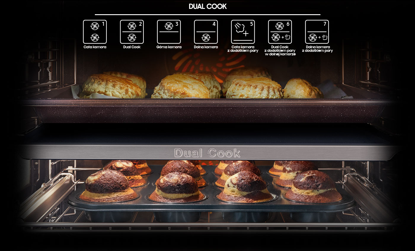 Zdjęcie ilustruje podział komory umożliwiający pieczenie dwóch różnych dań w trybie Dual Cook dostępnym w piekarniku Samsung NV7B5660XAK z oferty sieci sklepów Neonet