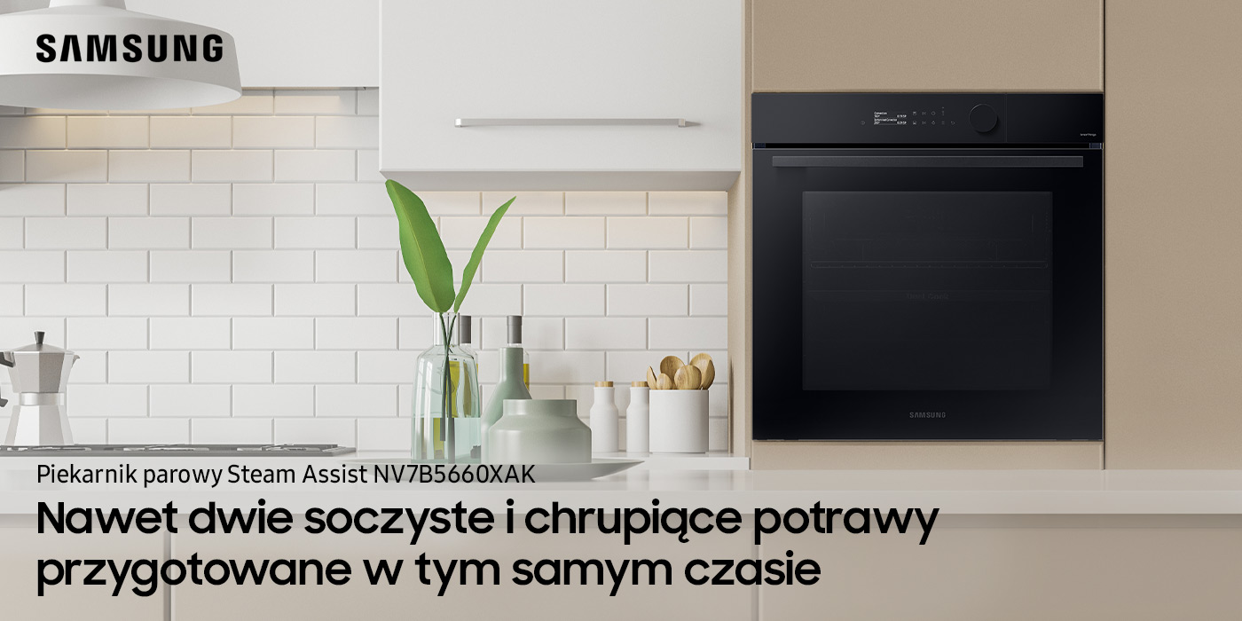 Widoczny na zdjęciu piekarnik Samsung Steam Assist NV7B5660XAK prezentowany w kuchennej zabudowie meblowej jest dostępny w ofercie sklepów Neonet