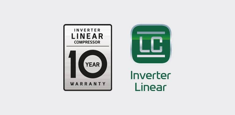Obok logo Inverter Linear znajduje się logo 10 lat gwarancji na sprężarkę Inverter Linear.