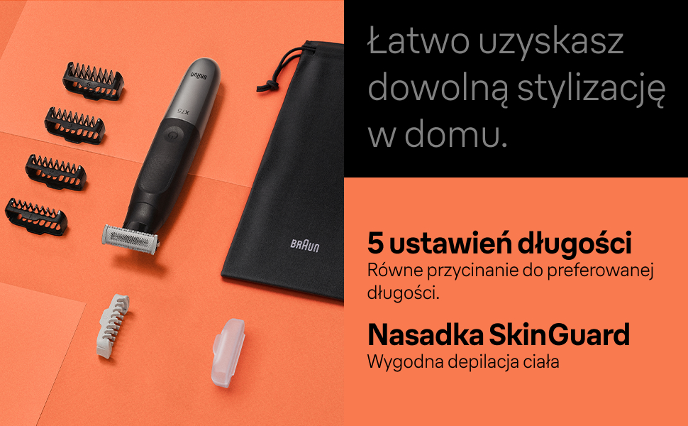 Łatwo uzyskasz dowolną stylizację w domu. 5 ustawień długości. Równe przycinanie do preferowanej długości. Nasadka SkinGuard. Wygodna depilacja ciała.