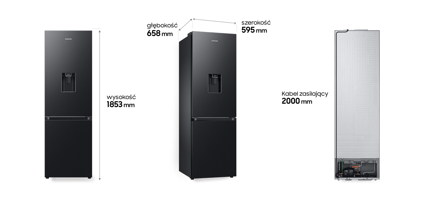 Wymiary lodówki Samsung Grand+ RB34C635EBN w kolorze czarny malowany