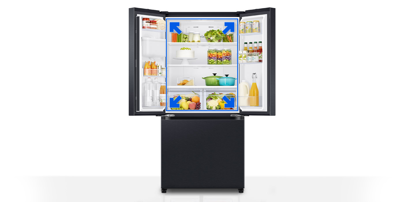 Lodówka Multidoor Samsung RF50C530EB1 na zdjęciu pokazującym zwiększoną przestrzeń do przechowywania żywności