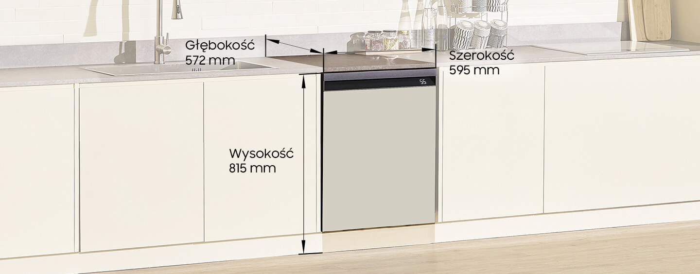 Satynowa kuchnia a w niej zmywarka Samsung DW60CB895UAPET z dokładnymi wymiarami