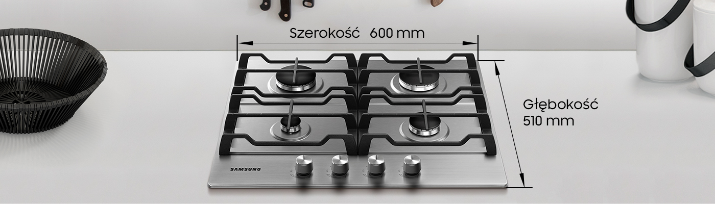 Płyta gazowa NA64H3010AS ukazana na blacie kuchennym wraz z jej wymiarami 