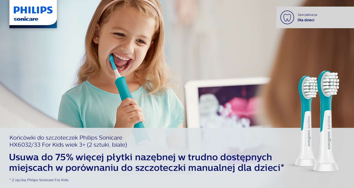 Końc&oacute;wki do szczoteczek Philips Sonicare  HX6032/33 For Kids wiek 3+ (2 sztuki, białe)