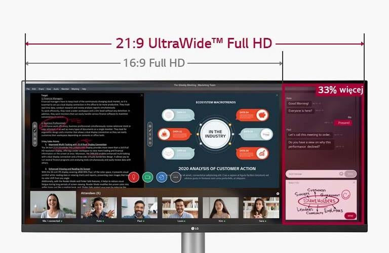 Ekran UltraWide Full HD 21:9 szerszy o 33% od ekranu Full HD 16:9, na ekranie którego widać toczące się webinarium.