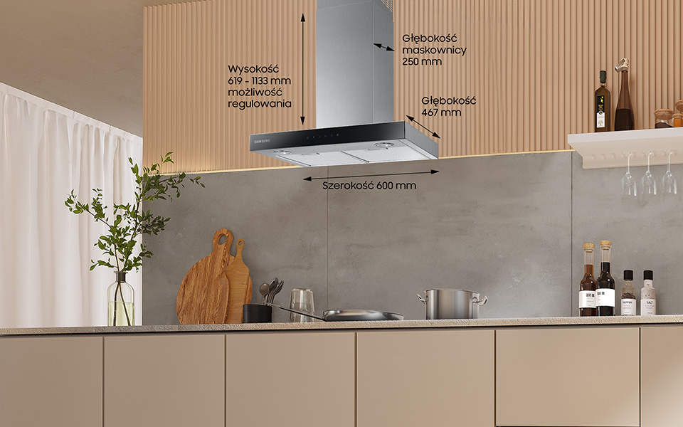Kominowy NK24M5070BS Samsung - foto: Neonet: fotografia okapu w zabudowie kuchennej