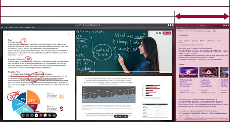 Większa przestrzeń ekranu UltraWide o proporcjach 21:9 w porównaniu do ekranu 16:9. Na ekranie widać trwające zajęcia online.