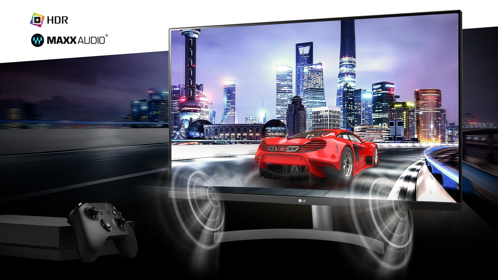 Wciągająca gra konsolowa w prawdziwej jakości 4K HDR — scena samochodowa z MAXXAUDIO®