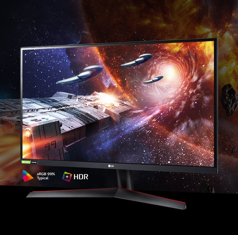 Scena z gry o bogatej szacie kolorystycznej i z wysokim kontrastem na monitorze obsługującym Hdr10 i pokrywającym 99% palety Srgb (typ.)