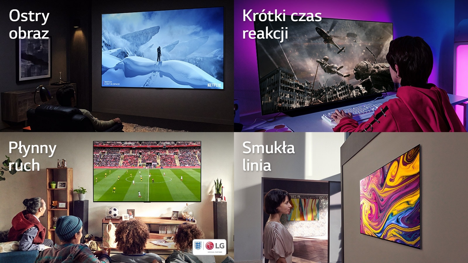 Mężczyzna siedzący w ciemności na kanapie i oglądający telewizję. Na ekranie widać mężczyznę stojącego na środku ośnieżonej góry. Dziewczyna gra w grę komputerową na dużym ekranie telewizora. Obraz przedstawia żołnierza wychodzącego z helikoptera. Cztery osoby siedzą na kanapie i oglądają mecz piłki nożnej w salonie. Kobieta patrzy na wiszący na ścianie telewizor przedstawiający dzieło sztuki.