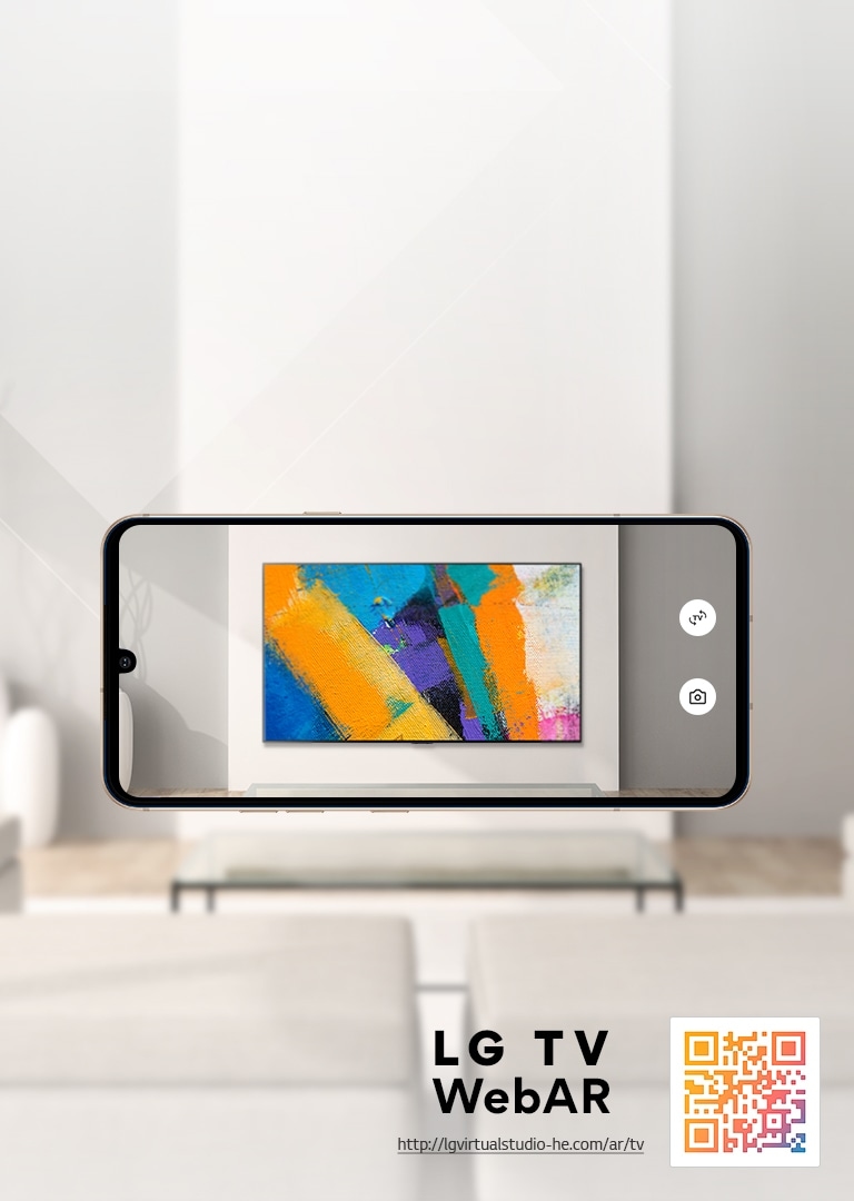 To jest symulacja Web AR obrazu telewizora LG OLED. Obrazy telefonów komórkowych nałożone na minimalistyczną przestrzeń. W dolnym prawym rogu znajduje się kod QR.