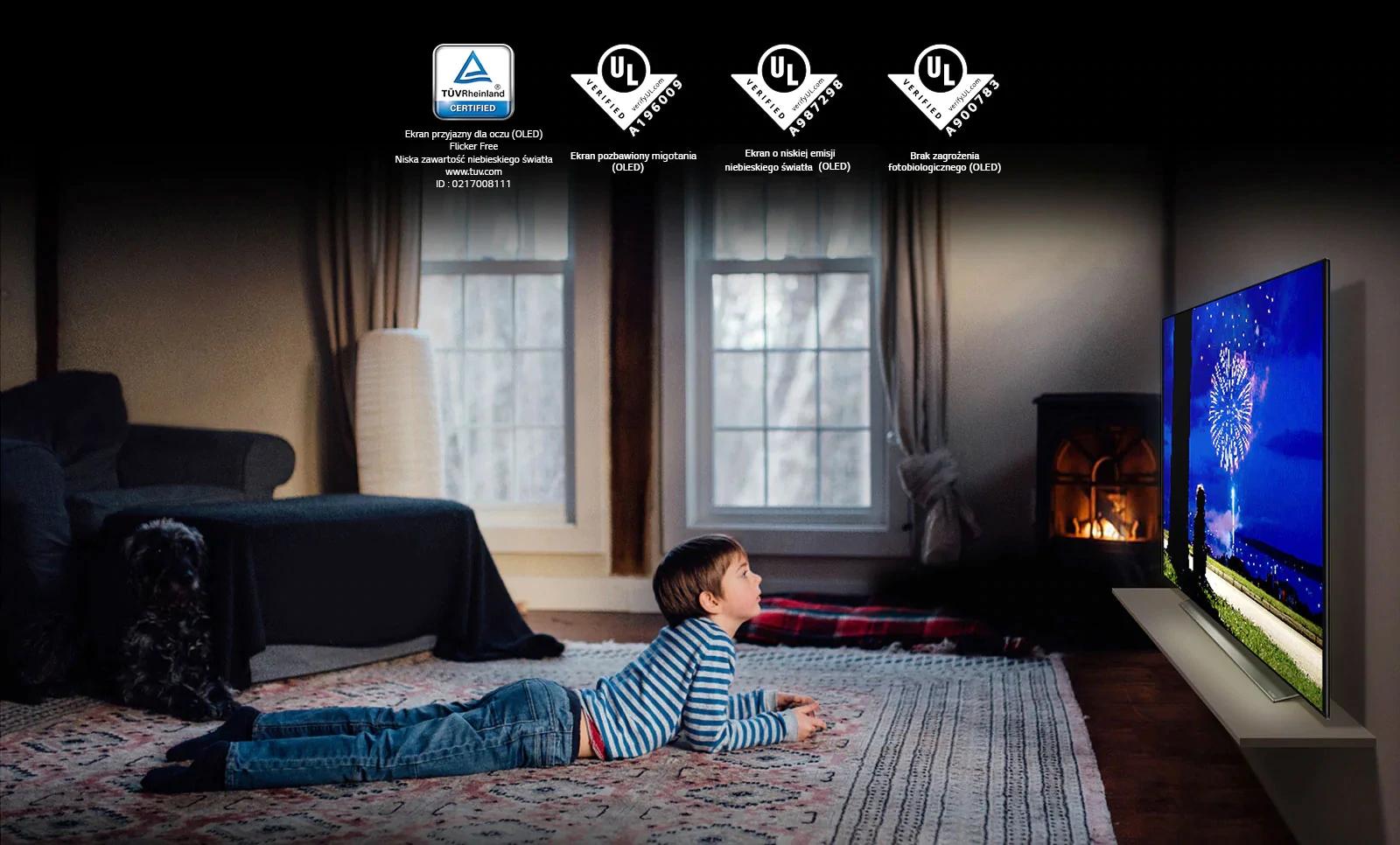 "To jest karta opisująca certyfikat „Eye Comfort Display”. To jest scena przedstawiająca chłopca oglądającego telewizję w pozycji na brzuchu. Cztery logo obok certyfikatu „Eye Comfort Display”."