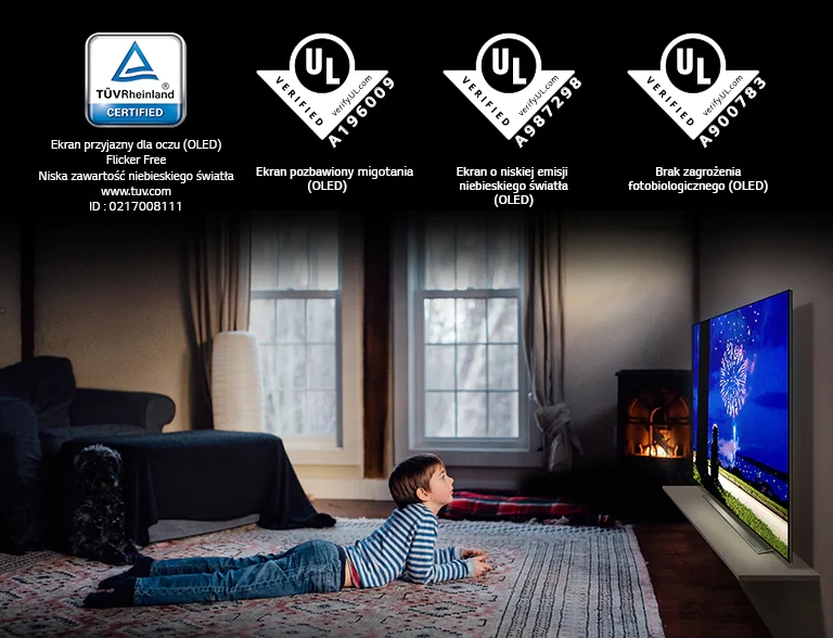 "To jest karta opisująca certyfikat „Eye Comfort Display”. To jest scena przedstawiająca chłopca oglądającego telewizję w pozycji na brzuchu. Cztery logo obok certyfikatu „Eye Comfort Display”."