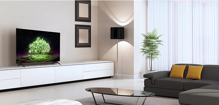 Telewizor OLED A1 w zmysłowo urządzonym pokoju. Na ekranie telewizora widać jasno świecące zielone drzewo.