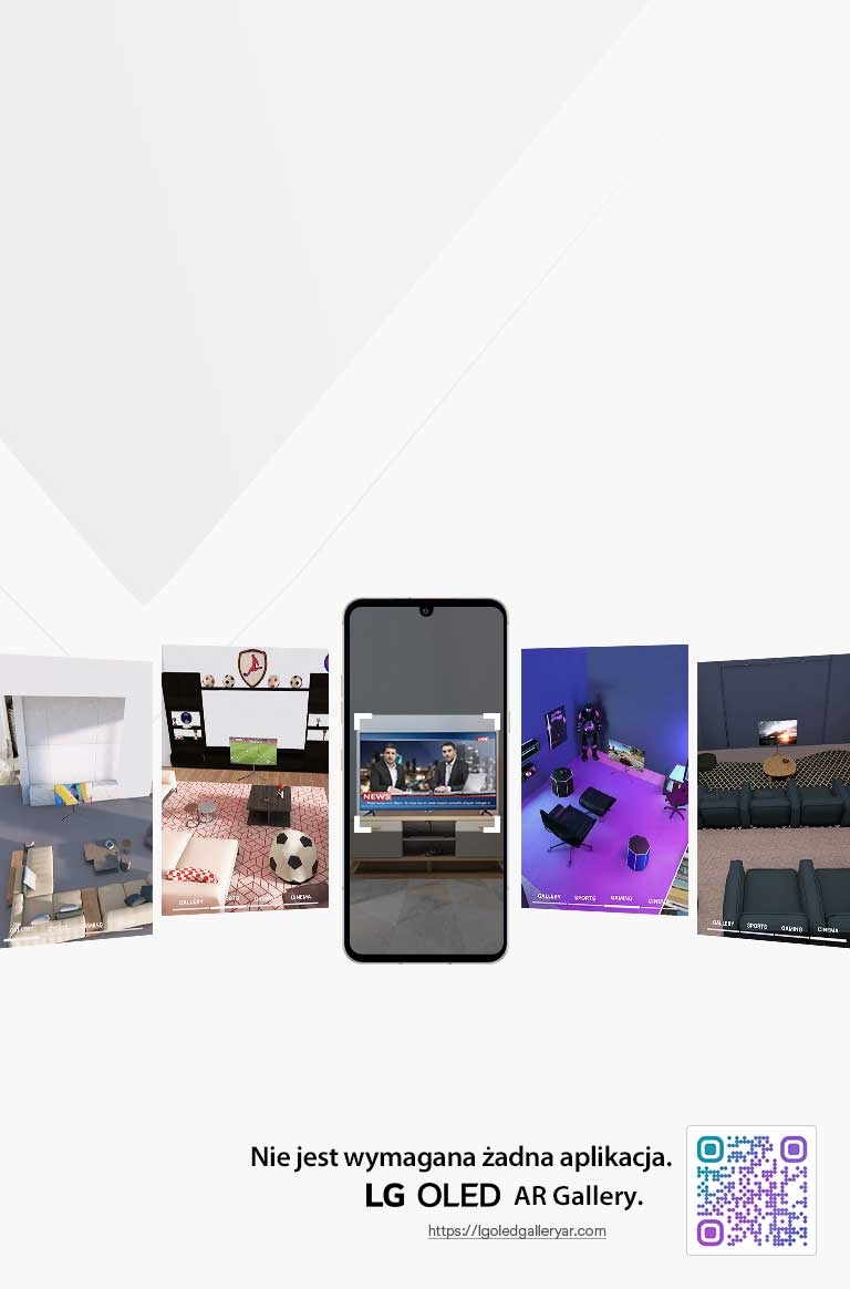 To jest symulacja AR obrazu telewizora LG OLED Gallery. W prawym rogu znajduje się kod QR.