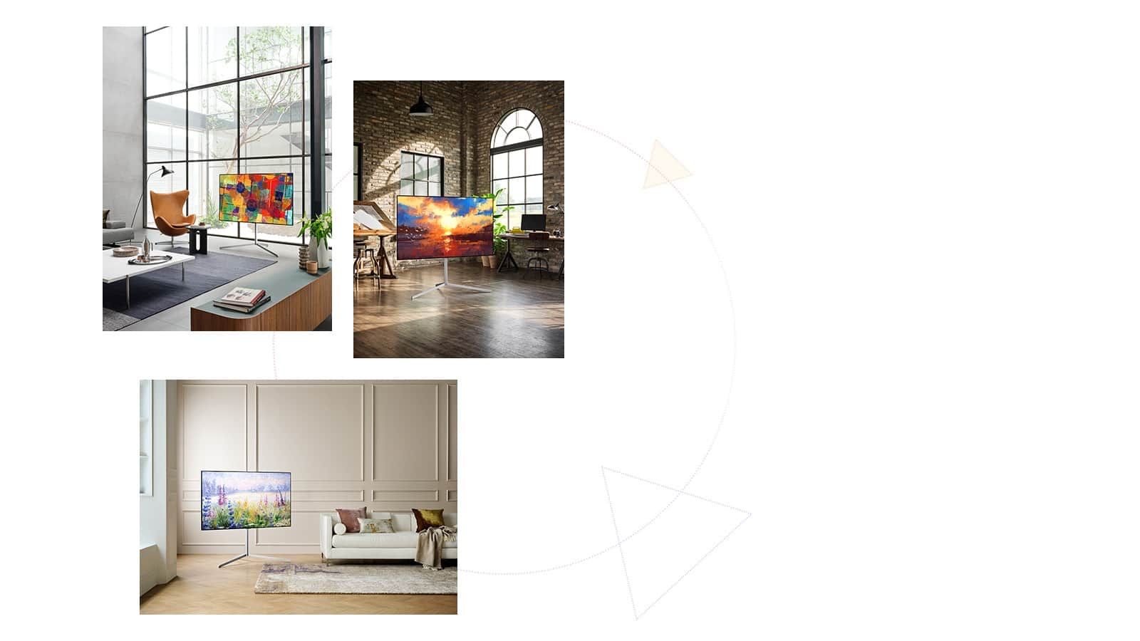 Trzy telewizory Gallery Design z podstawą, które mogą pełnić rolę dzieła sztuki w dowolnym miejscu