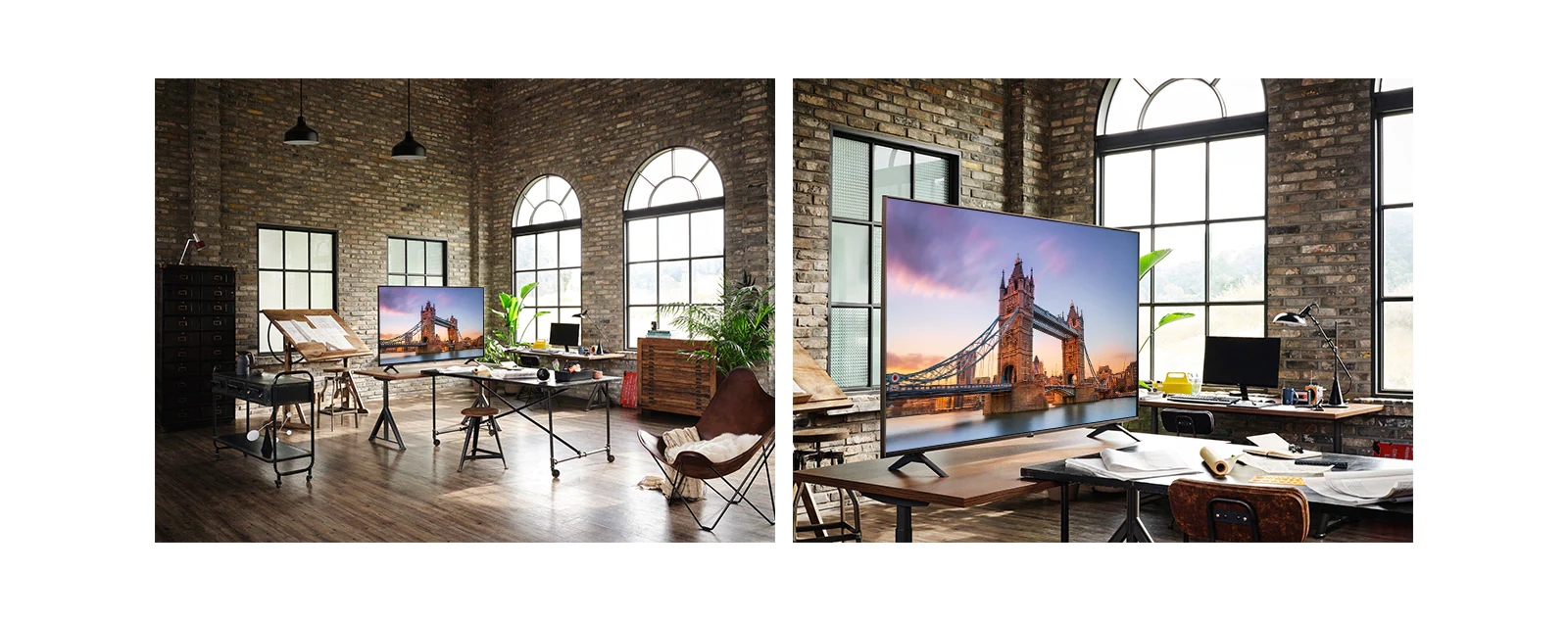 Telewizor wyświetlający obraz London Bridge znajduje się w zabytkowej pracowni. Zbliżenie na telewizor wyświetlający obraz London Bridge, znajdujący się na stole w zabytkowej pracowni.