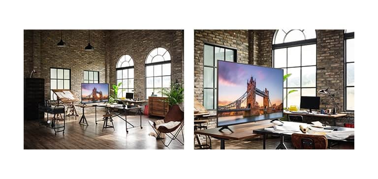 Telewizor wyświetlający obraz London Bridge znajduje się w zabytkowej pracowni. Zbliżenie na telewizor wyświetlający obraz London Bridge, znajdujący się na stole w zabytkowej pracowni.