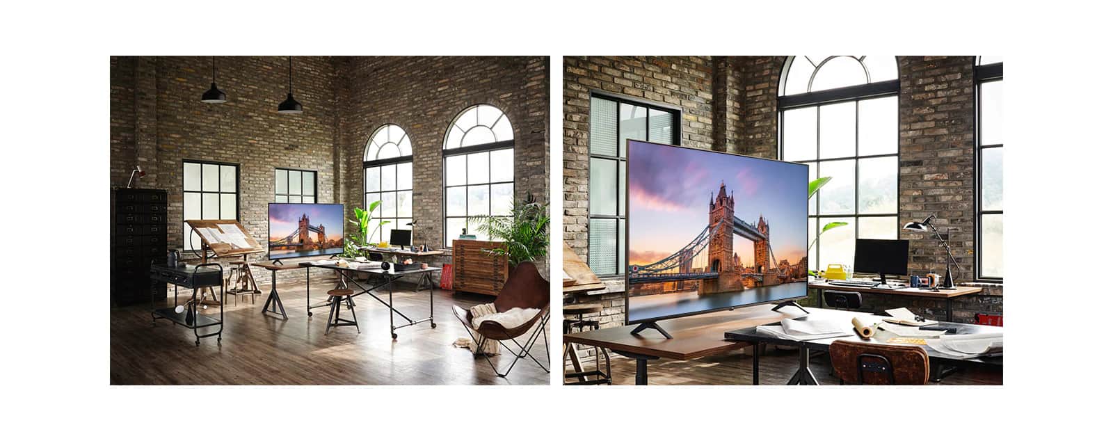 Telewizor wyświetlający obraz London Bridge znajduje się w zabytkowej pracowni. Zbliżenie na telewizor wyświetlający obraz London Bridge, znajdujący się na stole w zabytkowej pracowni.