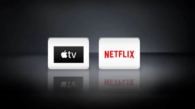 Logo Netflix i Apple ułożone poziomo na czarnym tle.