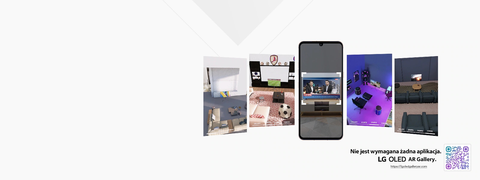 To jest symulacja AR obrazu telewizora LG OLED Gallery. W prawym rogu znajduje się kod QR.