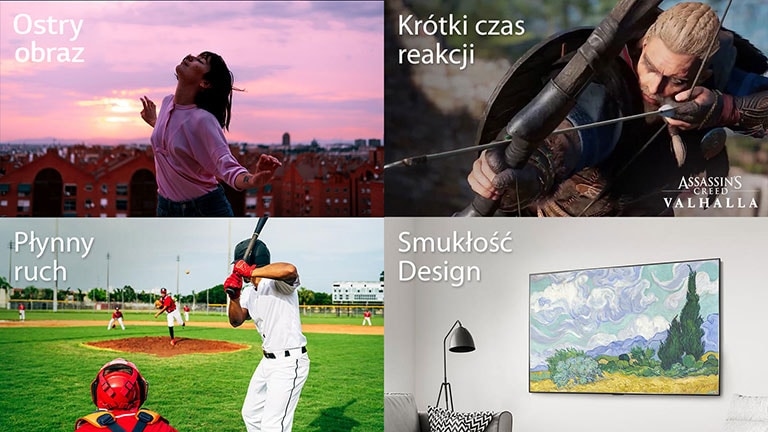 Loga LG Channels, Netflix, i Apple ułożone poziomo na czarnym tle. Scena z gry Assassin’s Creed Valhalla z logo Assassin’s Creed Valhalla w prawym dolnym rogu i napisem „Swift Response” w lewym górnym rogu. Obraz pałkarza próbującego uderzyć piłkę w trakcie meczu bejsbolu, z napisem „Smooth Motion” w lewym górnym rogu. Obraz ekranu telewizora powieszonego na ścianie, z napisem „Slim Design” w lewym górnym rogu.