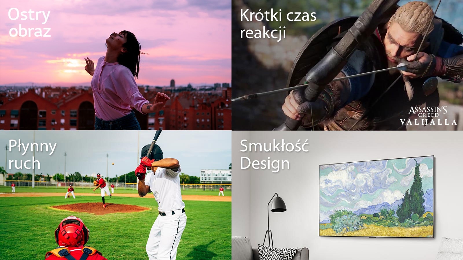 Loga LG Channels, Netflix, i Apple ułożone poziomo na czarnym tle. Scena z gry Assassin’s Creed Valhalla z logo Assassin’s Creed Valhalla w prawym dolnym rogu i napisem „Swift Response” w lewym górnym rogu. Obraz pałkarza próbującego uderzyć piłkę w trakcie meczu bejsbolu, z napisem „Smooth Motion” w lewym górnym rogu. Obraz ekranu telewizora powieszonego na ścianie, z napisem „Slim Design” w lewym górnym rogu.