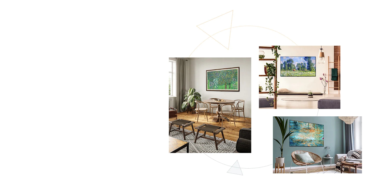 Trzy telewizory Gallery Design z podstawką, które mogą pełnić rolę dzieła sztuki w dowolnym miejscu
