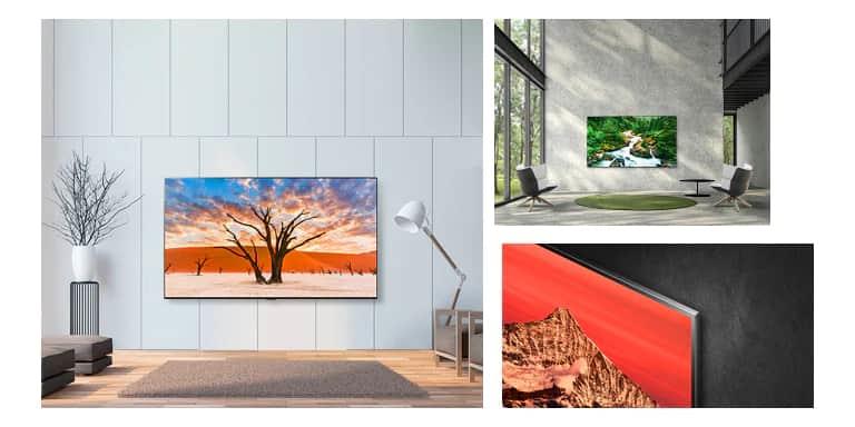 Trzy sceny smukłego i dużego telewizora LG QNED MiniLED zawieszonego na ścianie jak dzieło sztuki.