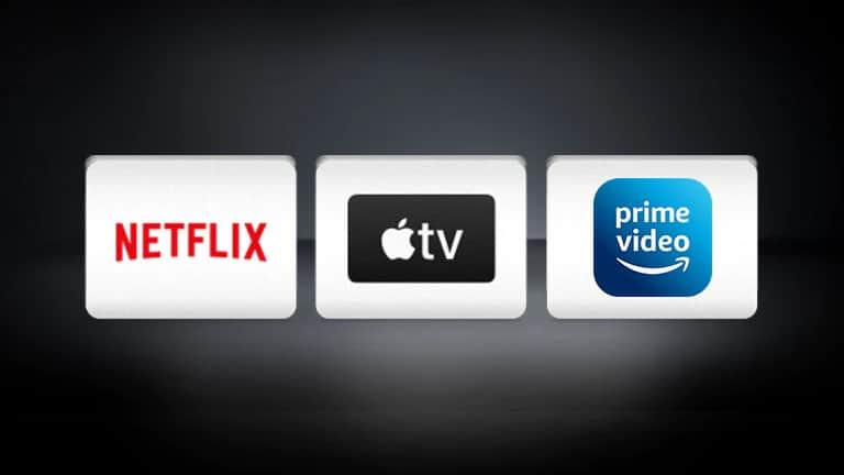 Logo Netflix, Apple TV i Amazon Prime Video ułożone poziomo na czarnym tle.