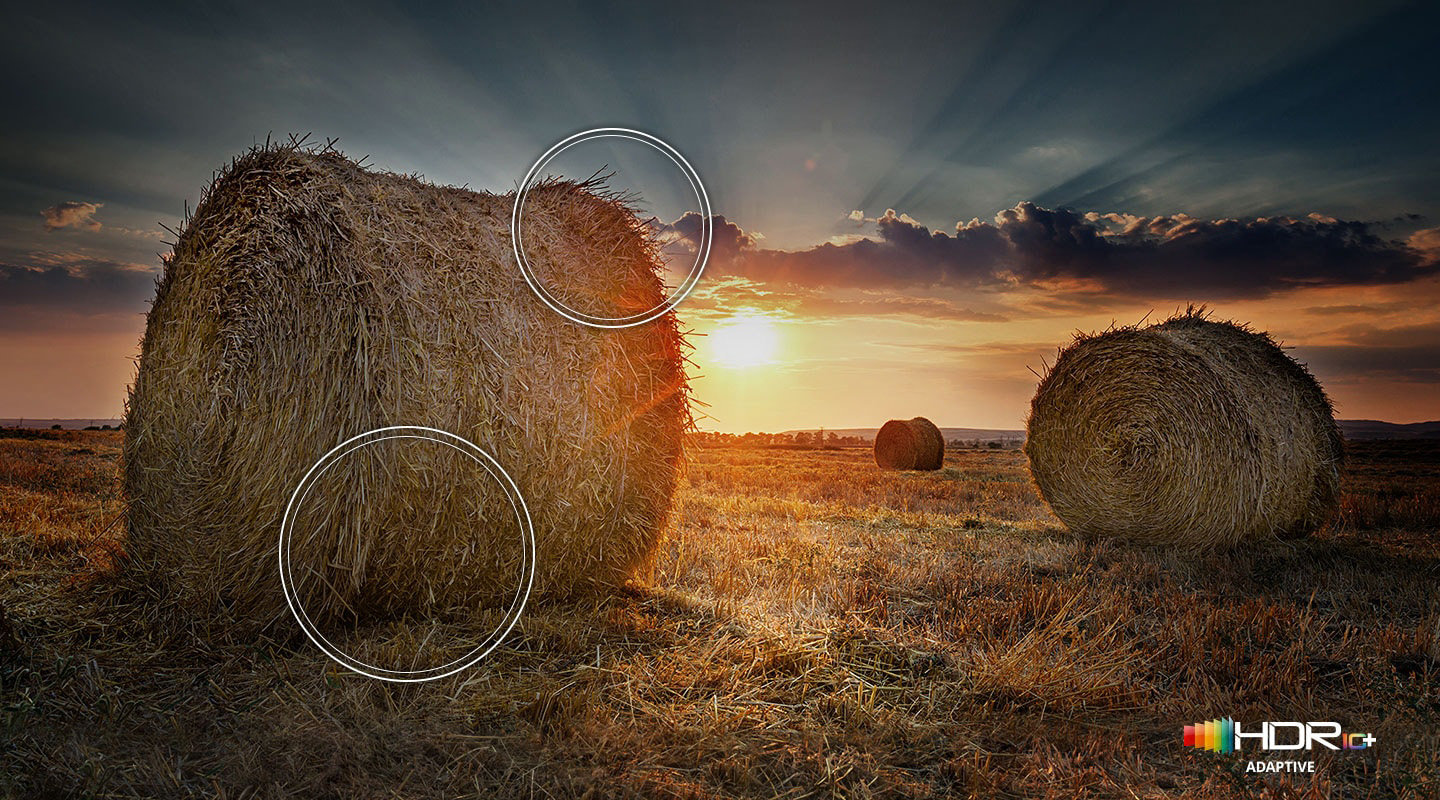 Słońce zachodzące nad prerią pokazujące pogłębiony kontrast technologii Quantum HDR. Na wyświetlaczu jest logo HDR10+. Q67BAUXXH