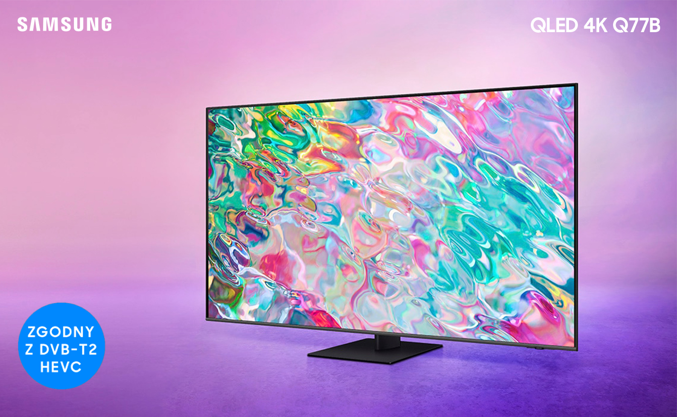 Ekran Q77B wyświetla szczegółową, rozblendowaną grafikę, która prezentuje trwałość kolorów w technologii Quantum Dot. Q77BATXXH