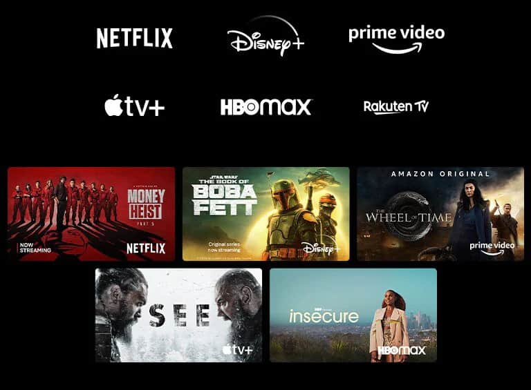 Plakaty z produkcji Dom z papieru z Netflix, Księga Boby Fetta z Disney Plus, Koło czasu z Prime Video, See z Apple TV Plus i Niepewne z HBO Max 