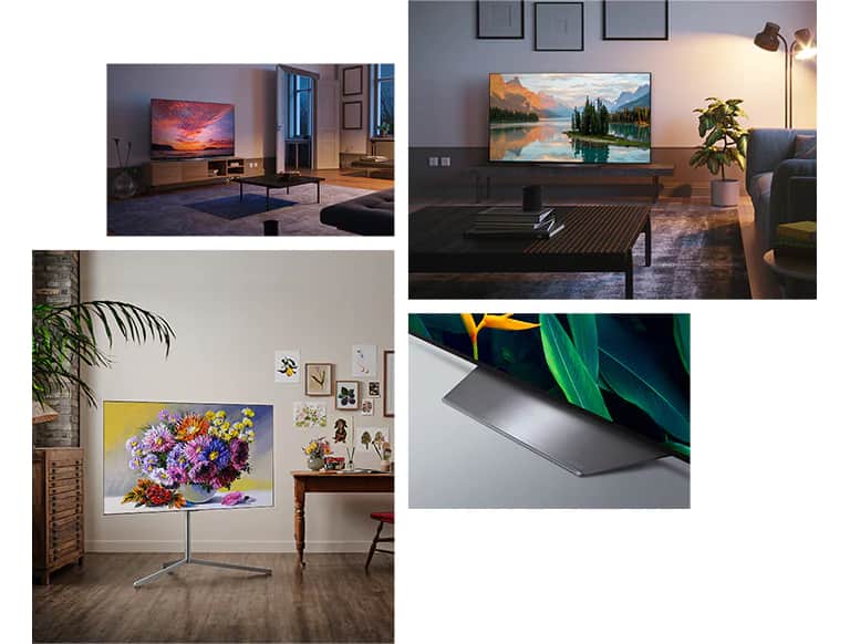 Telewizor LG OLED B2 wisi na ścianie w salonie, w którym znajdują się rośliny, stosy książek i staromodna szafka. Telewizor LG OLED B2 wisi na ścianie w minimalistycznie urządzonym pokoju obok szafki z jednokolorowymi ozdobami. Widok z boku podstawy telewizora LG OLED B2. Telewizor LG OLED B2 stoi na podstawce w kolorowym salonie obok stosu książek. Telewizor LG OLED B2 stoi na podstawce w pokoju w kolorze terakoty obok dwóch skórzanych krzeseł do jadalni z dopasowanym podnóżkiem i tkanym chodnikiem.