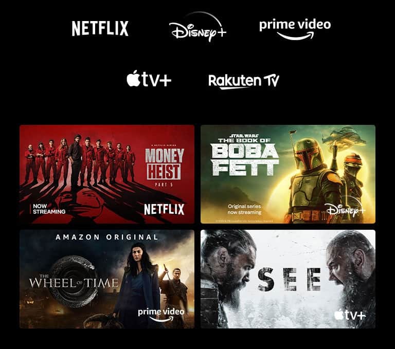 Plakaty z produkcji Dom z papieru z Netflix, Księga Boby Fetta z Disney Plus, Koło czasu z Prime Video, See z Apple TV Plus i Niepewne z HBO Max 