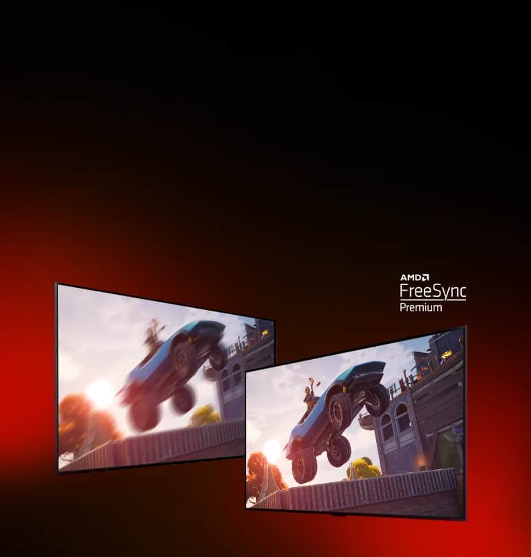 Widać dwa telewizory – ekran po lewej przedstawia grę FORTNITE, a po prawej – scenę z gry wyścigowej. Ponadto po prawej stronie jest ukazana ta sama scena z gry, ale z jaśniejszym i wyraźniejszym obrazem. W prawym górnym rogu znajduje się logo AMD FreeSync premium.  