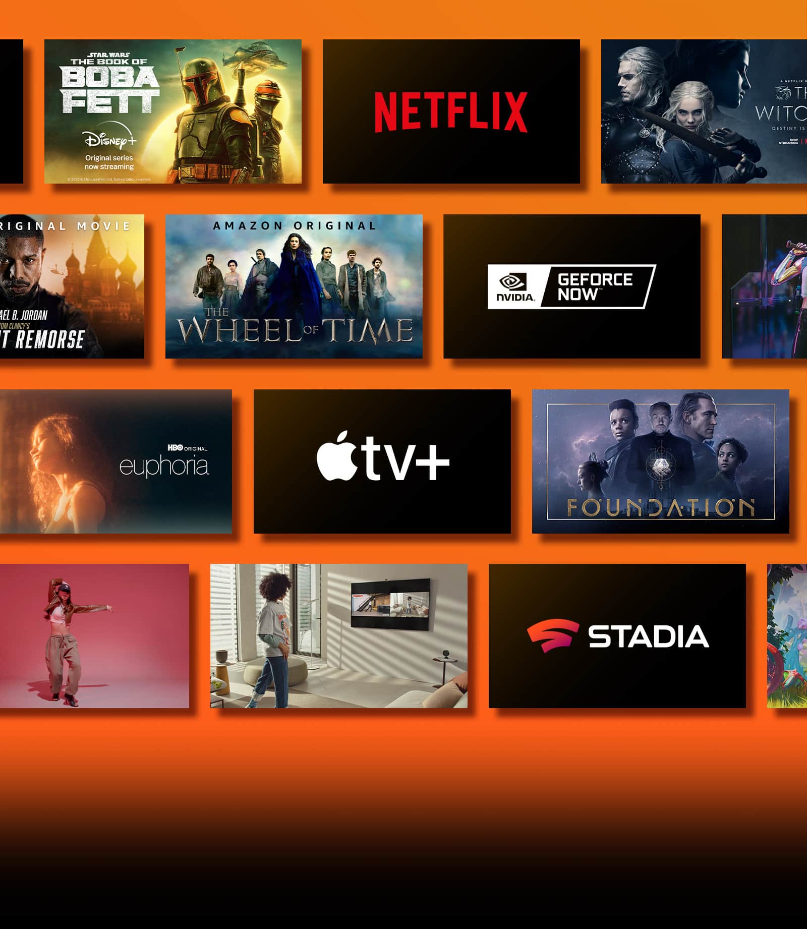 "Tuż obok każdego logo znajdują się loga platform oferujących usługi strumieniowe oraz pasujące do nich materiały filmowe. Logo Netflixa, skok na kasę i Wiedźmin. Logo Disneya i Boba Fett. Logo Stadia i Journey to the Savage Planet oraz The Legend of Heroes : Trails of Cold Steel III. Logo Prime Video i ""Bez wyrzutów sumienia"" oraz ""Koło czasu"". Logo Livenow i obrazek teaserowy Mamamoo oraz obrazek teaserowy OneUs. Logo NVIDIA Geforce Now oraz obrazy z gier Cyberpunk 2077 i Splitgate. Logo 1 Million i dwa obrazy tańczącej dziewczyny. Logo HBO Max oraz obrazy z filmów The Wire i Euphoria. Logo Apple TV plus oraz grafiki Foundation i Finch. "