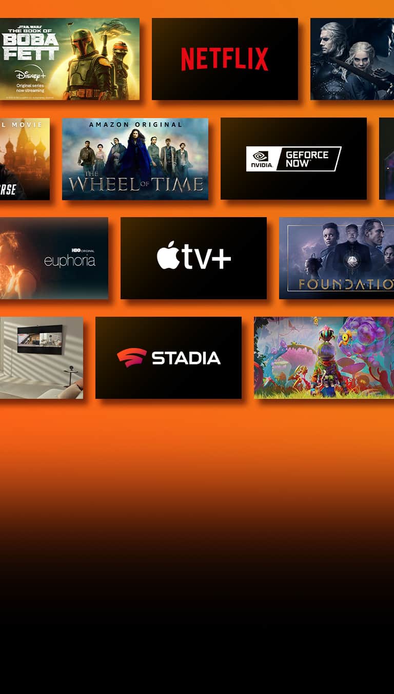 "Tuż obok każdego logo znajdują się loga platform oferujących usługi strumieniowe oraz pasujące do nich materiały filmowe. Logo Netflixa, skok na kasę i Wiedźmin. Logo Disneya i Boba Fett. Logo Stadia i Journey to the Savage Planet oraz The Legend of Heroes : Trails of Cold Steel III. Logo Prime Video i ""Bez wyrzutów sumienia"" oraz ""Koło czasu"". Logo Livenow i obrazek teaserowy Mamamoo oraz obrazek teaserowy OneUs. Logo NVIDIA Geforce Now oraz obrazy z gier Cyberpunk 2077 i Splitgate. Logo 1 Million i dwa obrazy tańczącej dziewczyny. Logo HBO Max oraz obrazy z filmów The Wire i Euphoria. Logo Apple TV plus oraz grafiki Foundation i Finch. "
