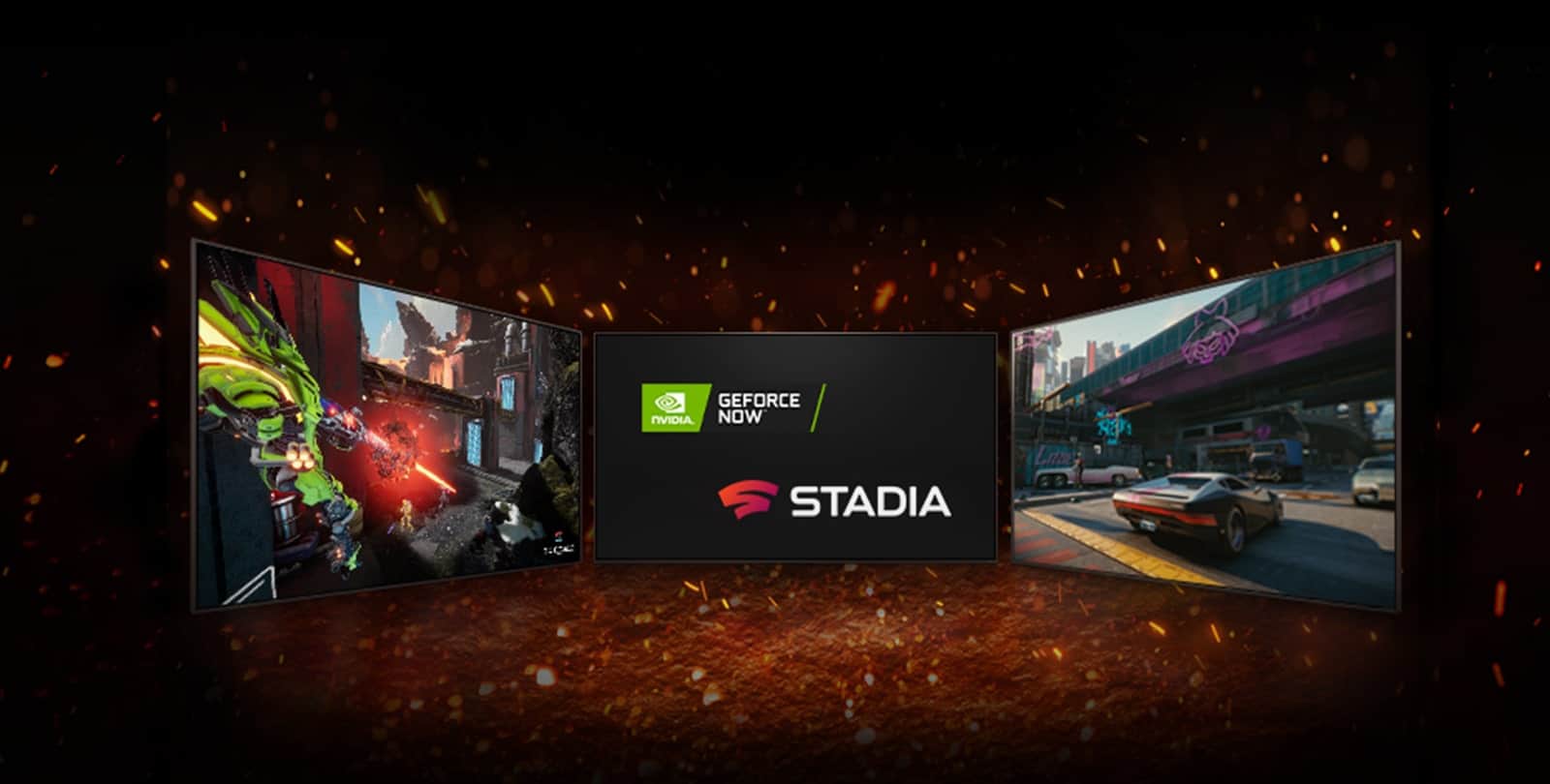 Pokazane są trzy telewizory. Środkowy ekran przedstawia dwa logo ustawione po przekątnej – logo NVIDIA GeFORCE NOW i logo STADIA. Po lewej stronie pokazano Splitgate, a po prawej – Cyberpunk 2077.  