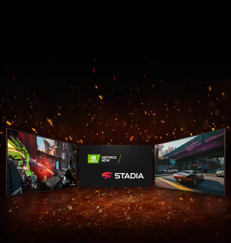 Pokazane są trzy telewizory. Środkowy ekran przedstawia dwa logo ustawione po przekątnej – logo NVIDIA GeFORCE NOW i logo STADIA. Po lewej stronie pokazano Splitgate, a po prawej – Cyberpunk 2077.  