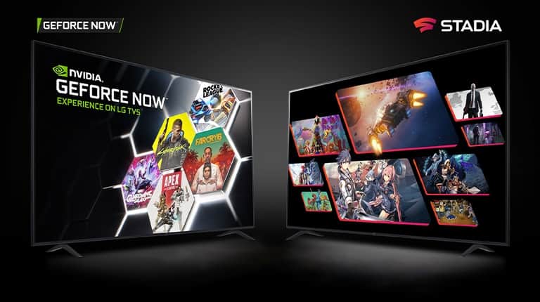 Obraz przedstawiający usługi GFORCE NOW i STADIA na dwóch telewizorach LG UHD, na których widać obraz z programów i gier.