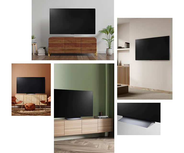 Telewizor LG OLED C2 wisi na ścianie w salonie, w którym znajdują się rośliny, stosy książek i staromodna szafka. Telewizor LG OLED C2 wisi na ścianie w minimalistycznie urządzonym pokoju obok szafki z jednokolorowymi ozdobami. Widok z boku podstawy telewizora LG OLED C2. Telewizor LG OLED C2 stoi na podstawie w kolorowym salonie obok stosu książek. Telewizor LG OLED C2 stoi na podstawie w pokoju w kolorze terakoty obok dwóch skórzanych krzeseł do jadalni z dopasowanym podnóżkiem i tkanym chodnikiem.