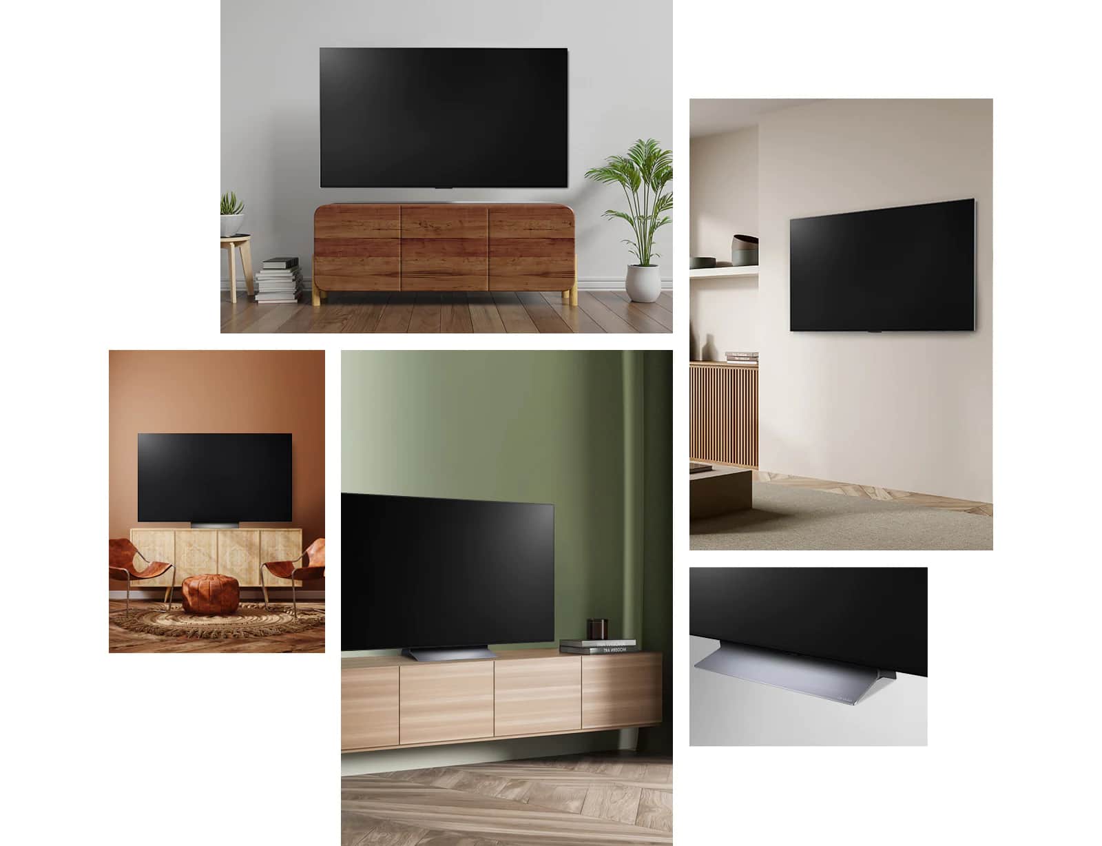 Telewizor LG OLED C2 wisi na ścianie w salonie, w którym znajdują się rośliny, stosy książek i staromodna szafka. Telewizor LG OLED C2 wisi na ścianie w minimalistycznie urządzonym pokoju obok szafki z jednokolorowymi ozdobami. Widok z boku podstawy telewizora LG OLED C2. Telewizor LG OLED C2 stoi na podstawie w kolorowym salonie obok stosu książek. Telewizor LG OLED C2 stoi na podstawie w pokoju w kolorze terakoty obok dwóch skórzanych krzeseł do jadalni z dopasowanym podnóżkiem i tkanym chodnikiem.