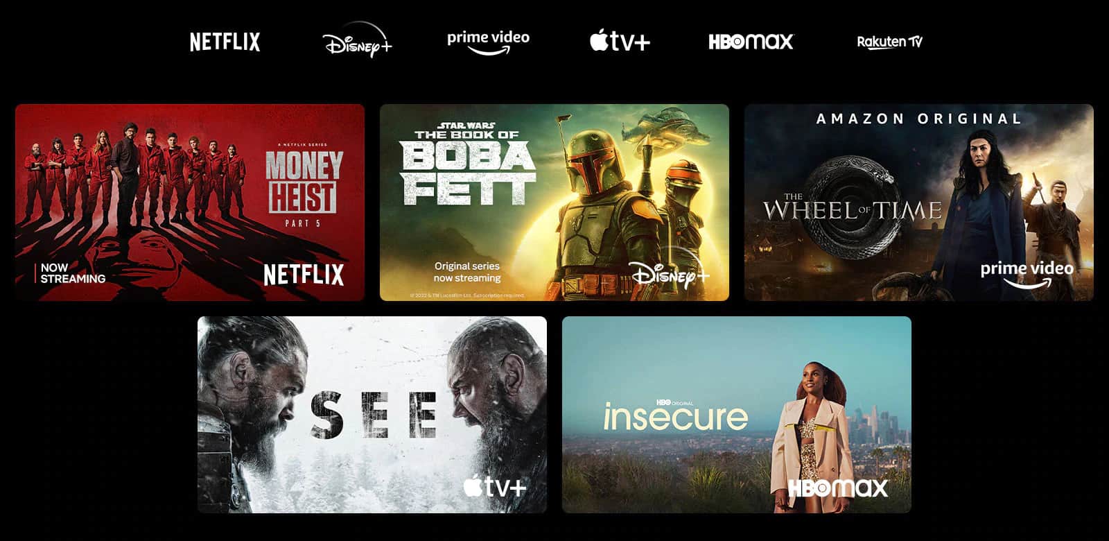 Plakaty z produkcji Dom z papieru z Netflix, Księga Boby Fetta z Disney Plus, Koło czasu z Prime Video, See z Apple TV Plus i Niepewne z HBO Max 
